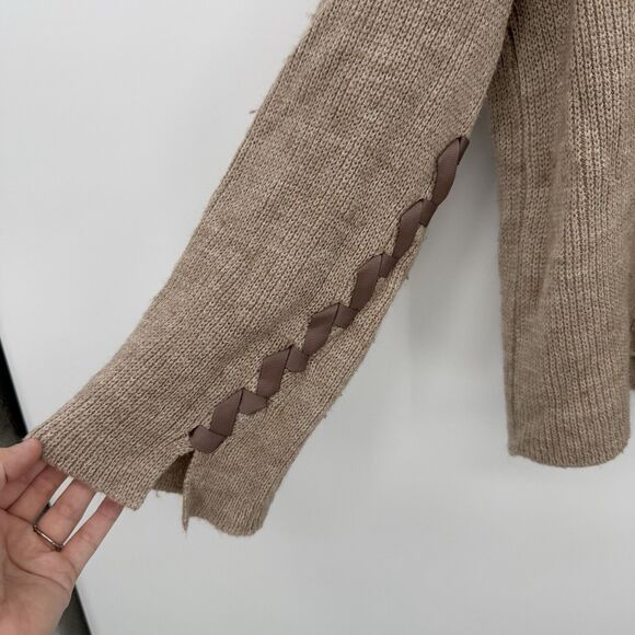 Fantasy Tan V Neckline Sweater Size Small Ribbon Detail Boho Small Wool Blend - Picture 2 of 8